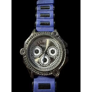 Techno King Quartz Men's Blue Silicone Band Watch TK1004 Iced Out Bezel Day Date